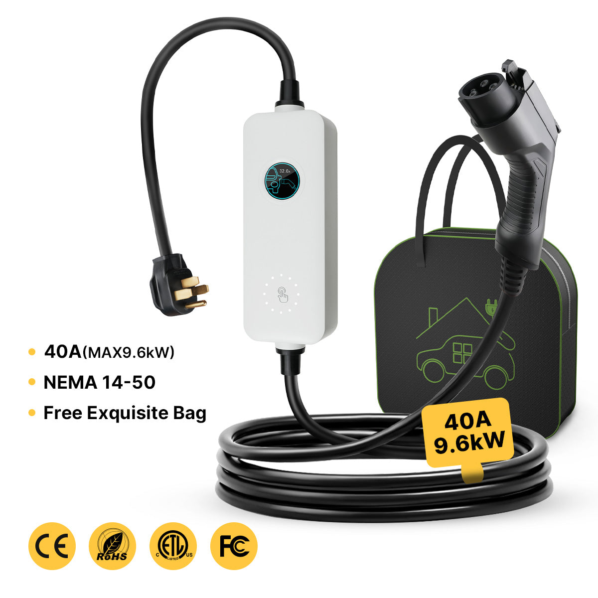 MOREC Type 1 Max 9.6KW 40Amp Portable Electric Vehicle Charger Nema 14-50 Plug - SQP039