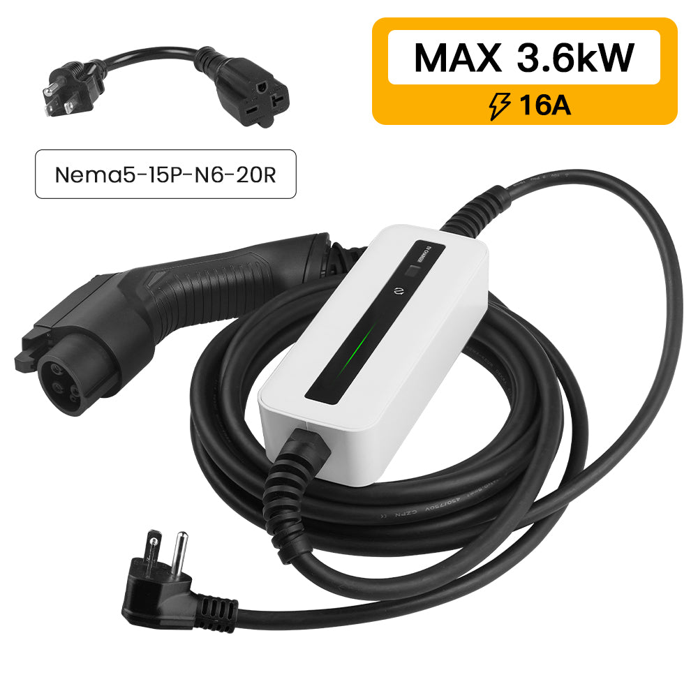 Morec EV Charger 16A 3.68KW NEMA6-20 Plug with Adapter for NEMA 5-15,  100V-240V 20ft (6m) Level 1 Level 2 Electric Vehicle charging cable  Compatible